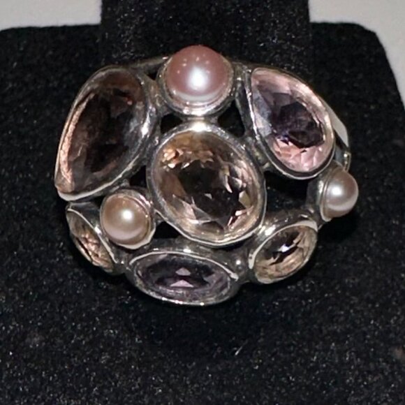 RETIRED Silpada Sweet Embrace Ring-925 Stamped-Faceted Glass & Pearls - Size 10 - Picture 2 of 9